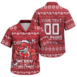 Personalized Dolphins Christmas Family Matching Off Shoulder Maxi Dress and Hawaiian Shirt Australian Rugby Fans - Pixelated Ugly Xmas Pattern Mascot Santa