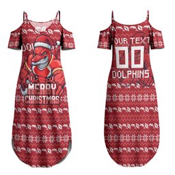 Personalized Dolphins Christmas Family Matching Summer Maxi Dress and Hawaiian Shirt Australian Rugby Fans - Pixelated Ugly Xmas Pattern Mascot Santa