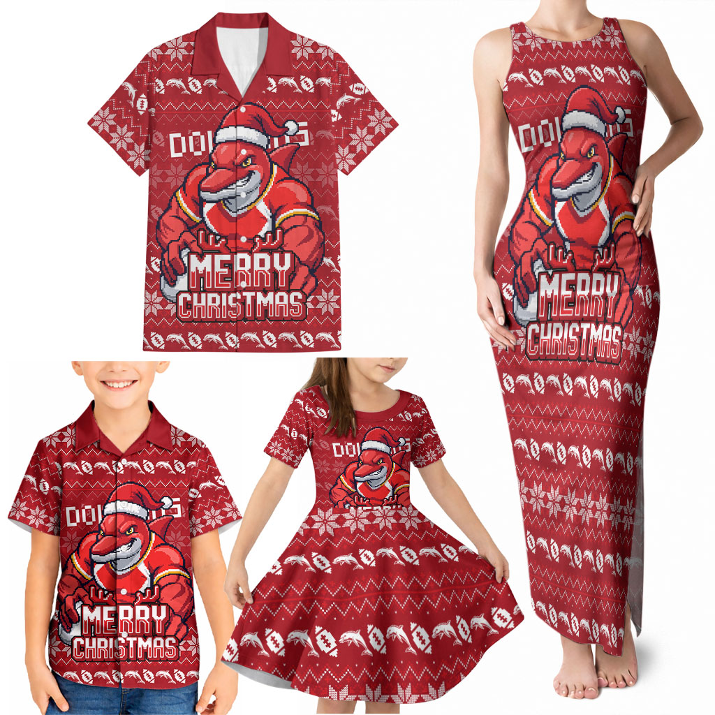 Personalized Dolphins Christmas Family Matching Tank Maxi Dress and Hawaiian Shirt Australian Rugby Fans - Pixelated Ugly Xmas Pattern Mascot Santa