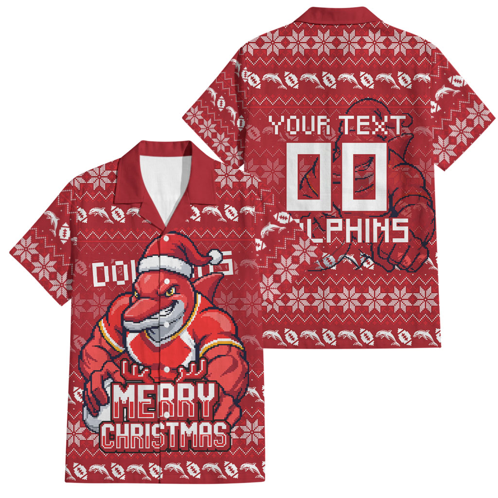 Personalized Dolphins Christmas Family Matching Summer Maxi Dress and Hawaiian Shirt Australian Rugby Fans - Pixelated Ugly Xmas Pattern Mascot Santa