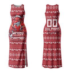 Personalized Dolphins Christmas Family Matching Tank Maxi Dress and Hawaiian Shirt Australian Rugby Fans - Pixelated Ugly Xmas Pattern Mascot Santa