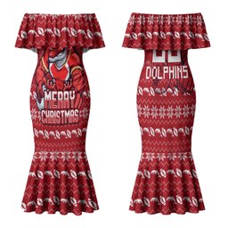 Personalized Dolphins Christmas Family Matching Mermaid Dress and Hawaiian Shirt Australian Rugby Fans - Pixelated Ugly Xmas Pattern Mascot Santa