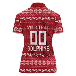 Personalized Dolphins Christmas Women Polo Shirt Australian Rugby Fans - Pixelated Ugly Xmas Pattern Mascot Santa