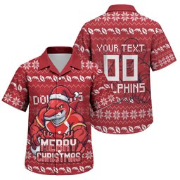 Personalized Dolphins Christmas Family Matching Tank Maxi Dress and Hawaiian Shirt Australian Rugby Fans - Pixelated Ugly Xmas Pattern Mascot Santa