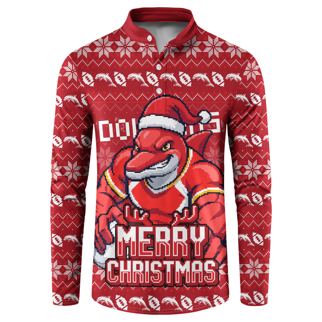 Personalized Dolphins Christmas Button Sweatshirt Australian Rugby Fans - Pixelated Ugly Xmas Pattern Mascot Santa