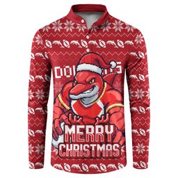 Personalized Dolphins Christmas Button Sweatshirt Australian Rugby Fans - Pixelated Ugly Xmas Pattern Mascot Santa