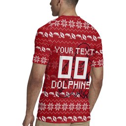 Personalized Dolphins Christmas Rugby Jersey Australian Rugby Fans - Pixelated Ugly Xmas Pattern Mascot Santa