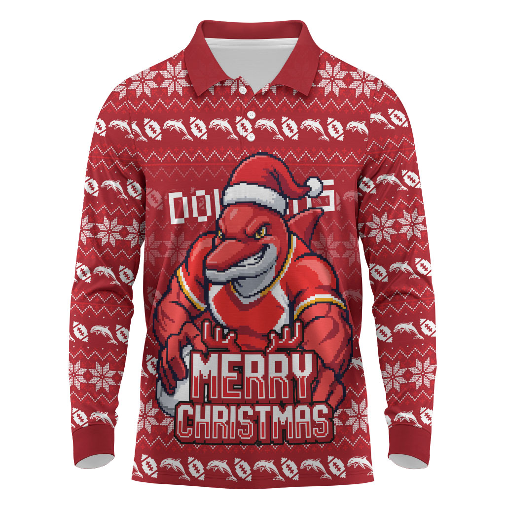 Personalized Dolphins Christmas Long Sleeve Polo Shirt Australian Rugby Fans - Pixelated Ugly Xmas Pattern Mascot Santa