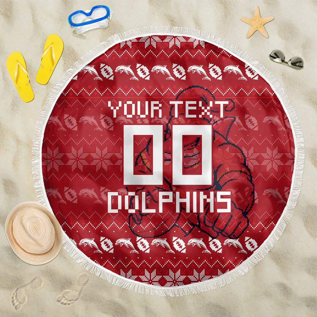 Personalized Dolphins Christmas Beach Blanket Australian Rugby Fans - Pixelated Ugly Xmas Pattern Mascot Santa