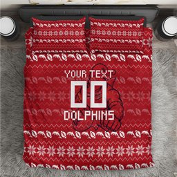 Personalized Dolphins Christmas Bedding Set Australian Rugby Fans - Pixelated Ugly Xmas Pattern Mascot Santa