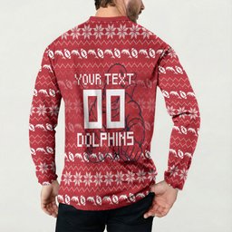 Personalized Dolphins Christmas Button Sweatshirt Australian Rugby Fans - Pixelated Ugly Xmas Pattern Mascot Santa