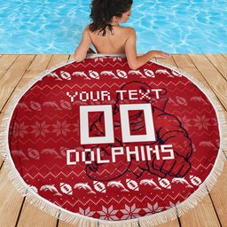 Personalized Dolphins Christmas Beach Blanket Australian Rugby Fans - Pixelated Ugly Xmas Pattern Mascot Santa