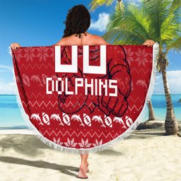 Personalized Dolphins Christmas Beach Blanket Australian Rugby Fans - Pixelated Ugly Xmas Pattern Mascot Santa