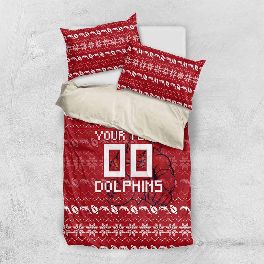 Personalized Dolphins Christmas Bedding Set Australian Rugby Fans - Pixelated Ugly Xmas Pattern Mascot Santa
