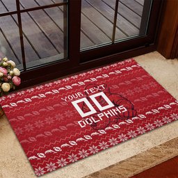 Personalized Dolphins Christmas Rubber Doormat Australian Rugby Fans - Pixelated Ugly Xmas Pattern Mascot Santa