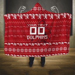 Personalized Dolphins Christmas Hooded Blanket Australian Rugby Fans - Pixelated Ugly Xmas Pattern Mascot Santa