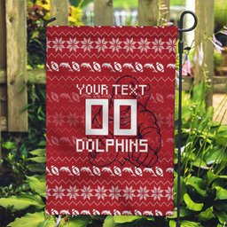 Personalized Dolphins Christmas Garden Flag Australian Rugby Fans - Pixelated Ugly Xmas Pattern Mascot Santa