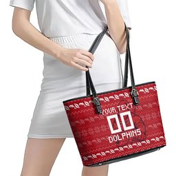 Personalized Dolphins Christmas Leather Tote Bag Australian Rugby Fans - Pixelated Ugly Xmas Pattern Mascot Santa