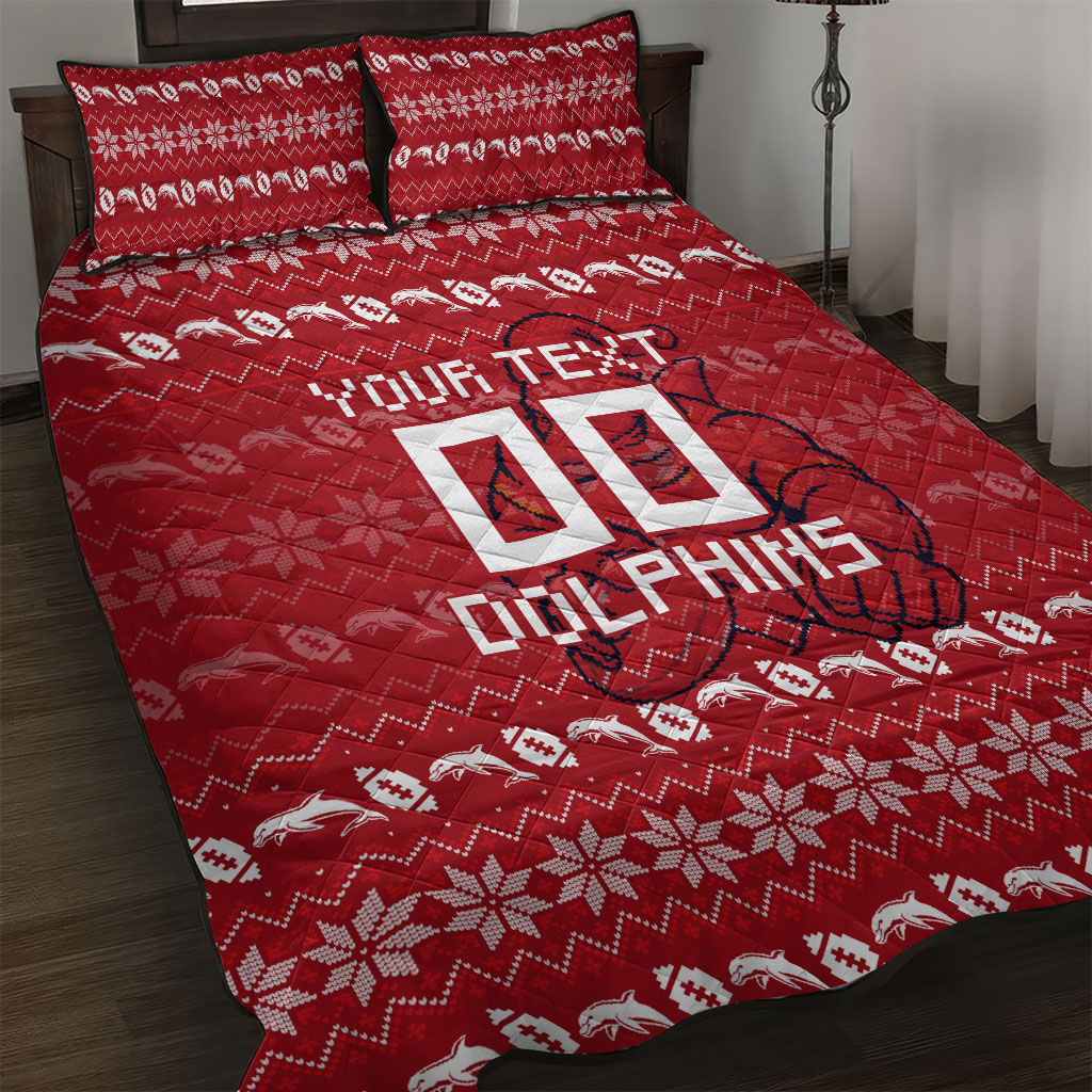 Personalized Dolphins Christmas Quilt Bed Set Australian Rugby Fans - Pixelated Ugly Xmas Pattern Mascot Santa