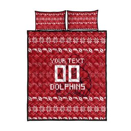 Personalized Dolphins Christmas Quilt Bed Set Australian Rugby Fans - Pixelated Ugly Xmas Pattern Mascot Santa