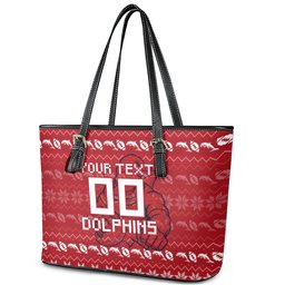 Personalized Dolphins Christmas Leather Tote Bag Australian Rugby Fans - Pixelated Ugly Xmas Pattern Mascot Santa