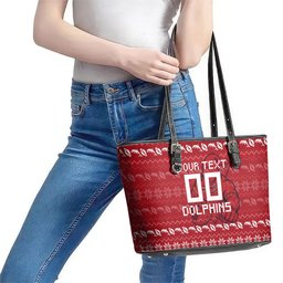 Personalized Dolphins Christmas Leather Tote Bag Australian Rugby Fans - Pixelated Ugly Xmas Pattern Mascot Santa