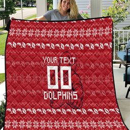 Personalized Dolphins Christmas Quilt Australian Rugby Fans - Pixelated Ugly Xmas Pattern Mascot Santa