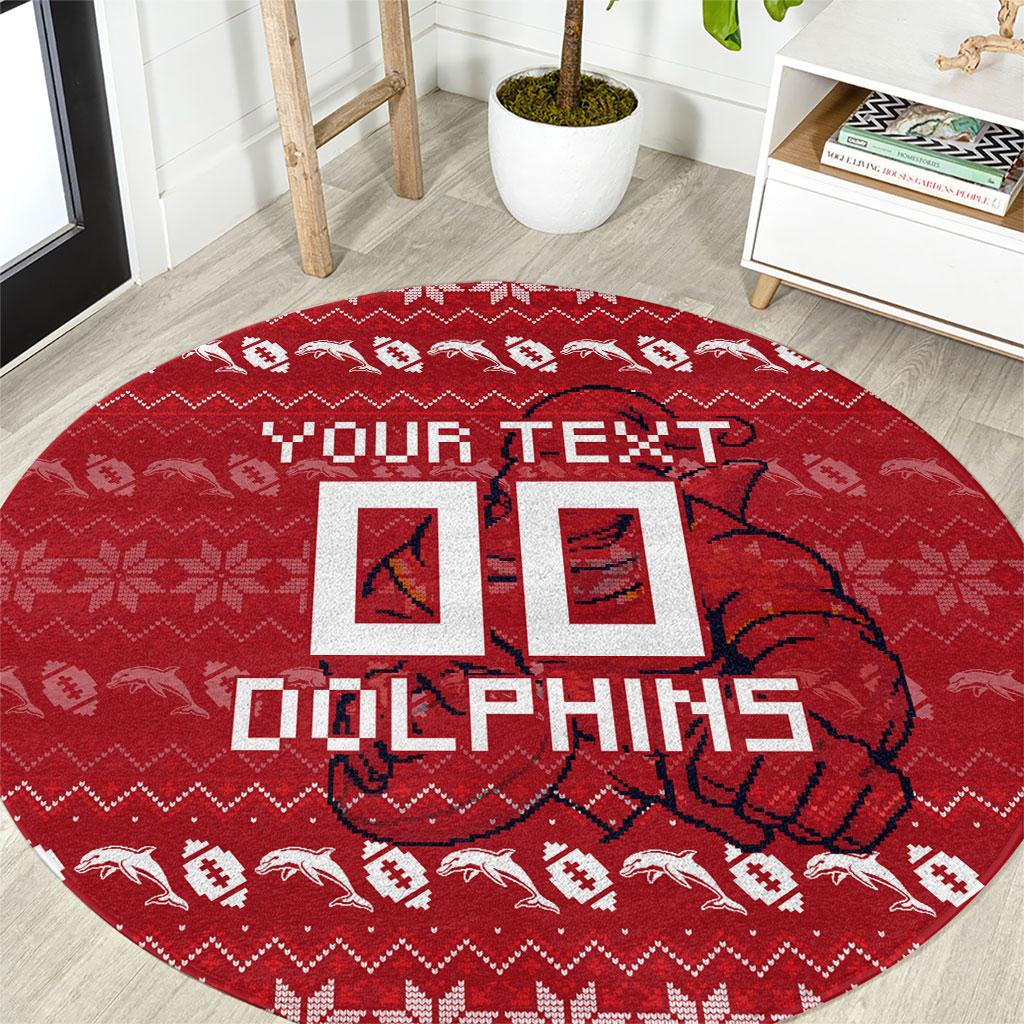 Personalized Dolphins Christmas Round Carpet Australian Rugby Fans - Pixelated Ugly Xmas Pattern Mascot Santa