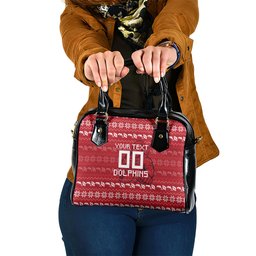 Personalized Dolphins Christmas Shoulder Handbag Australian Rugby Fans - Pixelated Ugly Xmas Pattern Mascot Santa