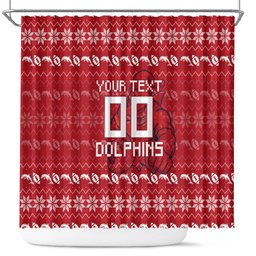 Personalized Dolphins Christmas Shower Curtain Australian Rugby Fans - Pixelated Ugly Xmas Pattern Mascot Santa