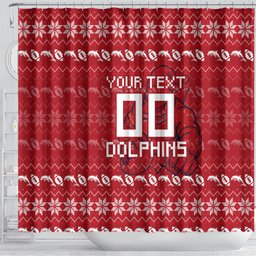 Personalized Dolphins Christmas Shower Curtain Australian Rugby Fans - Pixelated Ugly Xmas Pattern Mascot Santa
