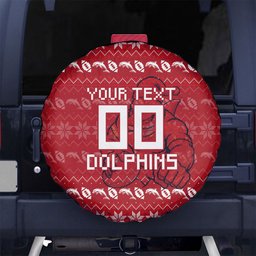 Personalized Dolphins Christmas Spare Tire Cover Australian Rugby Fans - Pixelated Ugly Xmas Pattern Mascot Santa