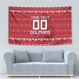 Personalized Dolphins Christmas Tapestry Australian Rugby Fans - Pixelated Ugly Xmas Pattern Mascot Santa