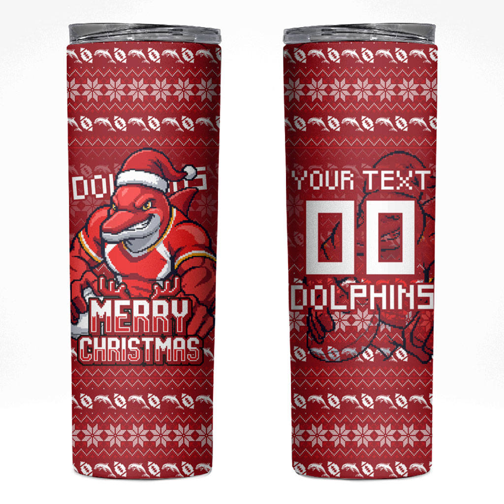 Personalized Dolphins Christmas Skinny Tumbler Australian Rugby Fans - Pixelated Ugly Xmas Pattern Mascot Santa