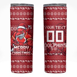 Personalized Dolphins Christmas Skinny Tumbler Australian Rugby Fans - Pixelated Ugly Xmas Pattern Mascot Santa
