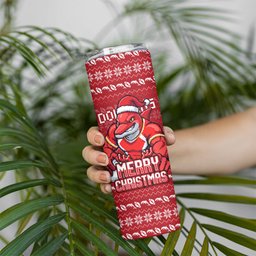 Personalized Dolphins Christmas Skinny Tumbler Australian Rugby Fans - Pixelated Ugly Xmas Pattern Mascot Santa
