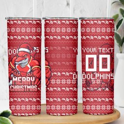 Personalized Dolphins Christmas Skinny Tumbler Australian Rugby Fans - Pixelated Ugly Xmas Pattern Mascot Santa