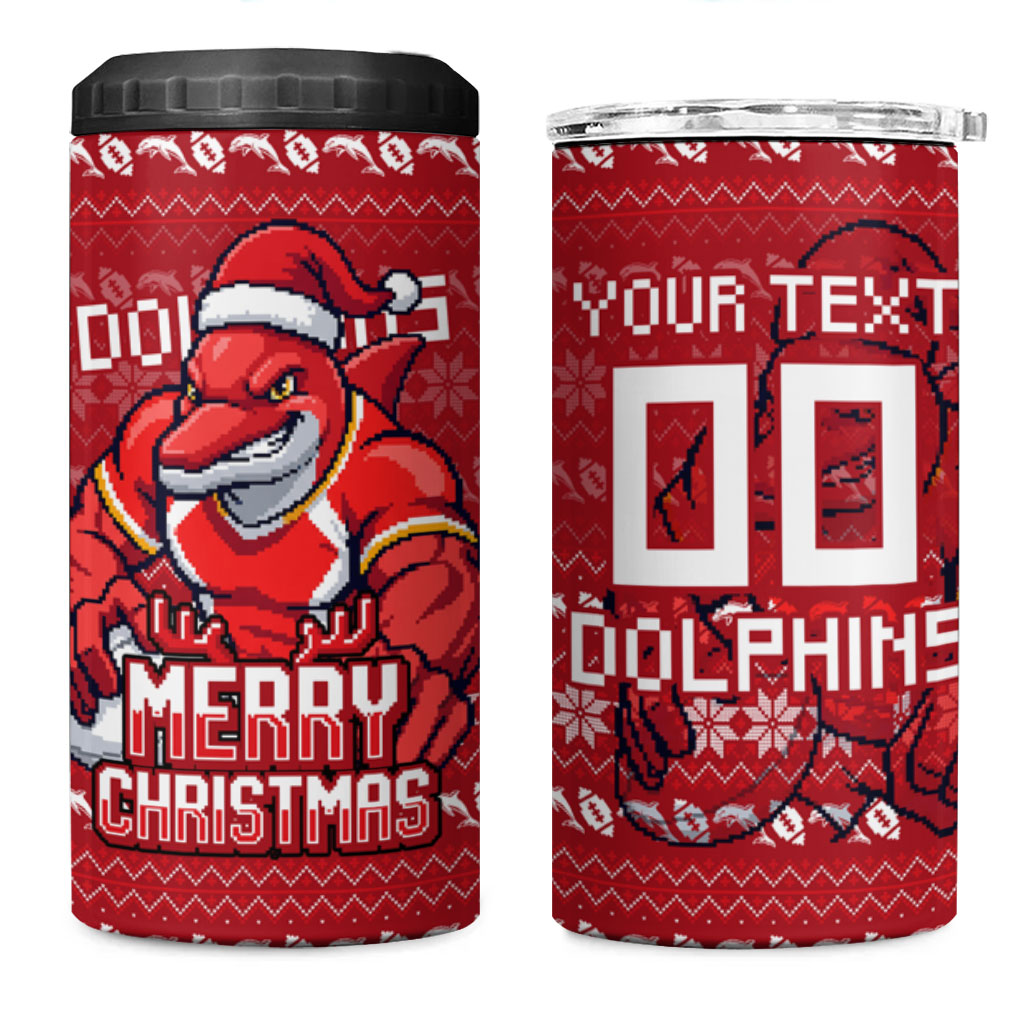 Personalized Dolphins Christmas 4 in 1 Can Cooler Tumbler Australian Rugby Fans - Pixelated Ugly Xmas Pattern Mascot Santa