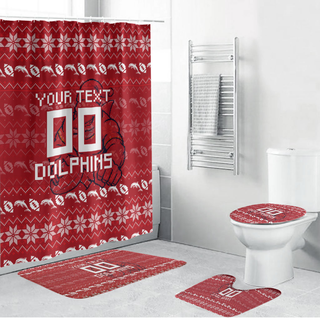 Personalized Dolphins Christmas Bathroom Set Australian Rugby Fans - Pixelated Ugly Xmas Pattern Mascot Santa