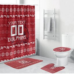 Personalized Dolphins Christmas Bathroom Set Australian Rugby Fans - Pixelated Ugly Xmas Pattern Mascot Santa