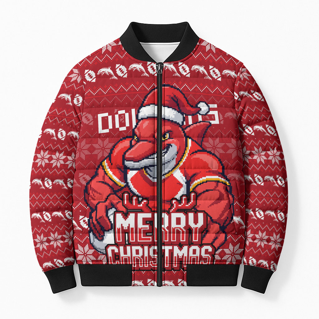 Personalized Dolphins Christmas Bomber Puffer Jacket Australian Rugby Fans - Pixelated Ugly Xmas Pattern Mascot Santa