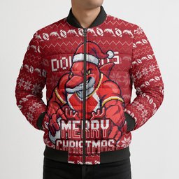 Personalized Dolphins Christmas Bomber Puffer Jacket Australian Rugby Fans - Pixelated Ugly Xmas Pattern Mascot Santa