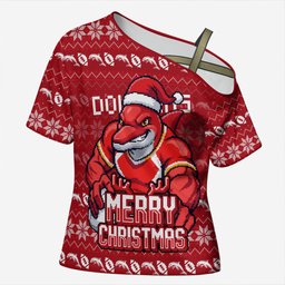Personalized Dolphins Christmas Cross Shoulder Shirt Australian Rugby Fans - Pixelated Ugly Xmas Pattern Mascot Santa