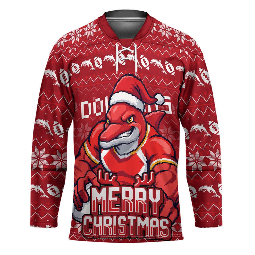 Personalized Dolphins Christmas Hockey Jersey Australian Rugby Fans - Pixelated Ugly Xmas Pattern Mascot Santa