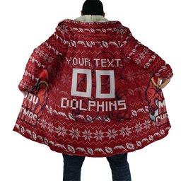 Personalized Dolphins Christmas Cloak Australian Rugby Fans - Pixelated Ugly Xmas Pattern Mascot Santa