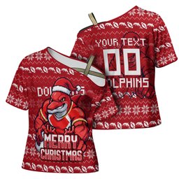 Personalized Dolphins Christmas Cross Shoulder Shirt Australian Rugby Fans - Pixelated Ugly Xmas Pattern Mascot Santa