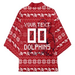Personalized Dolphins Christmas Kimono Australian Rugby Fans - Pixelated Ugly Xmas Pattern Mascot Santa