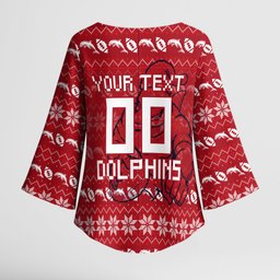 Personalized Dolphins Christmas Kimono Sleeve Blouse Australian Rugby Fans - Pixelated Ugly Xmas Pattern Mascot Santa