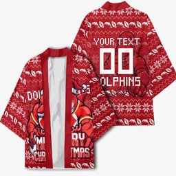 Personalized Dolphins Christmas Kimono Australian Rugby Fans - Pixelated Ugly Xmas Pattern Mascot Santa