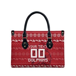 Personalized Dolphins Christmas Leather Bag Australian Rugby Fans - Pixelated Ugly Xmas Pattern Mascot Santa